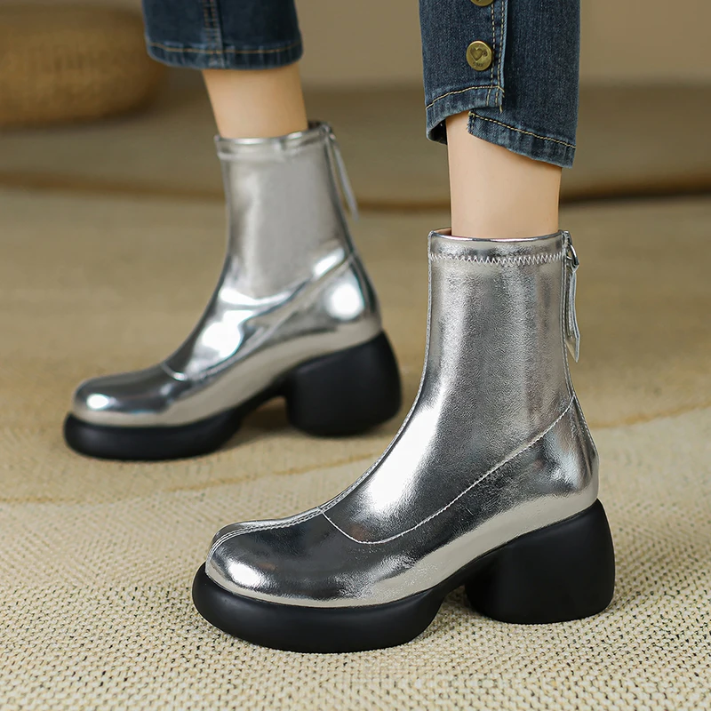 

2023 Autumn winter Women ankle boots natural leather 22-24.5cm Elastic microfiber+pigskin modern boots back zip platform boots