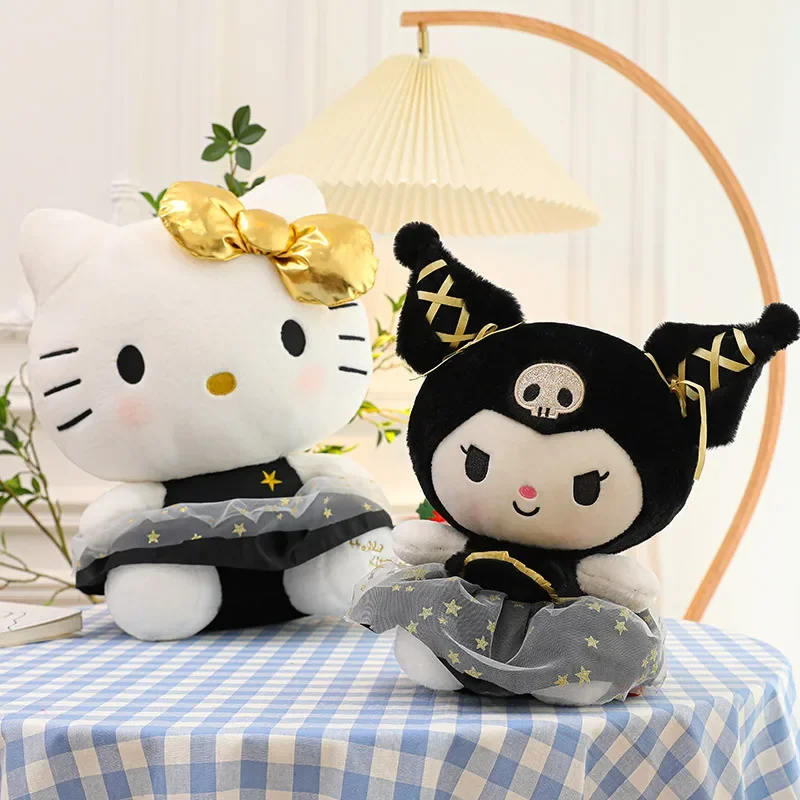Sanrio KT Plush Doll Toy New Cute Black Gold Cartoon Kurumi Doll Black Gold Kitty Rag Doll Pillow Large Gift Store Girls Toys luxury edition single watch jewelry box with pillow leather black and white two style jewelry watch storage box