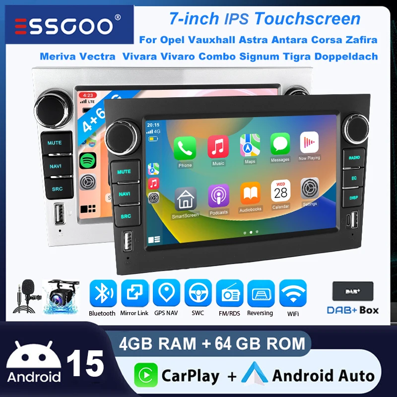 Autoestéreo ESSGOO Android15 7" 4+64 GB para Opel Vauxhall Corsa Astra Antara Vectra Zafira Meriva Vivara Vivaro Combo Signum Tigra Doppeldach CarPlay Navegación GPS FM Bluetooth Doble USB WiFi CANBUS Pantalla Táctil A 1
