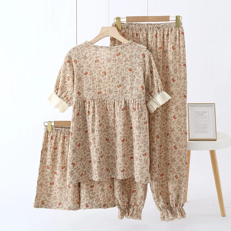 Sexy Women 3PCS Pajamas Set Gauze Cotton Soft Sleepwear 2023 Summer V-Neck Top Loose Shorts Trousers Loungewear Suit