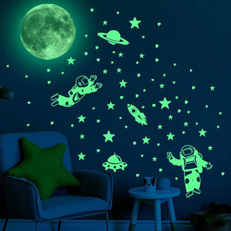 Enchanting Glow in the Dark Wall Stickers of Cartoon Bunnies and Shiny Spaceships