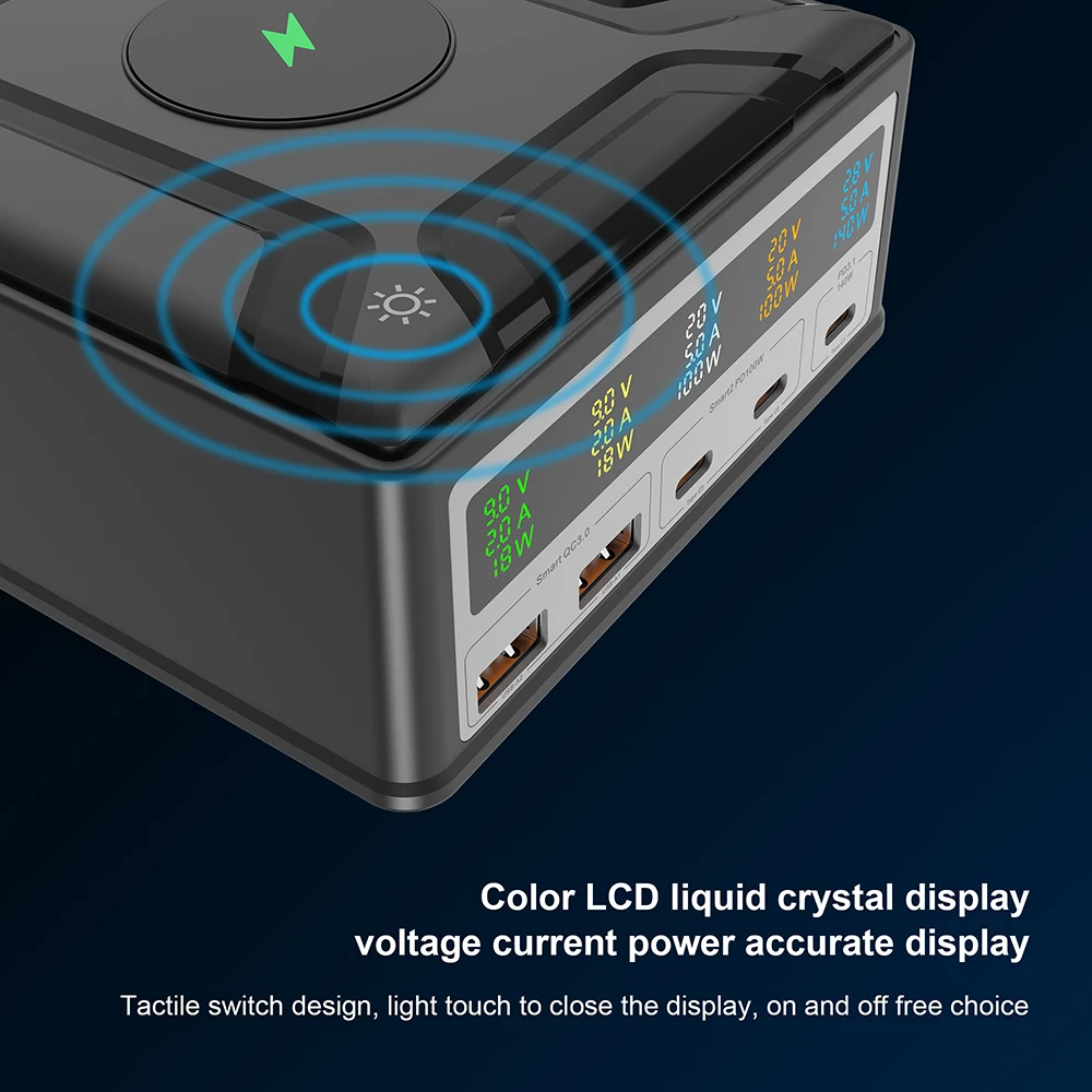 Ubigbuy 260W USB C Desktop Charger 5-Port USB Plus 1 Wireless Charge Port, 140W PD3.1 Fast Charging Station with LED Display