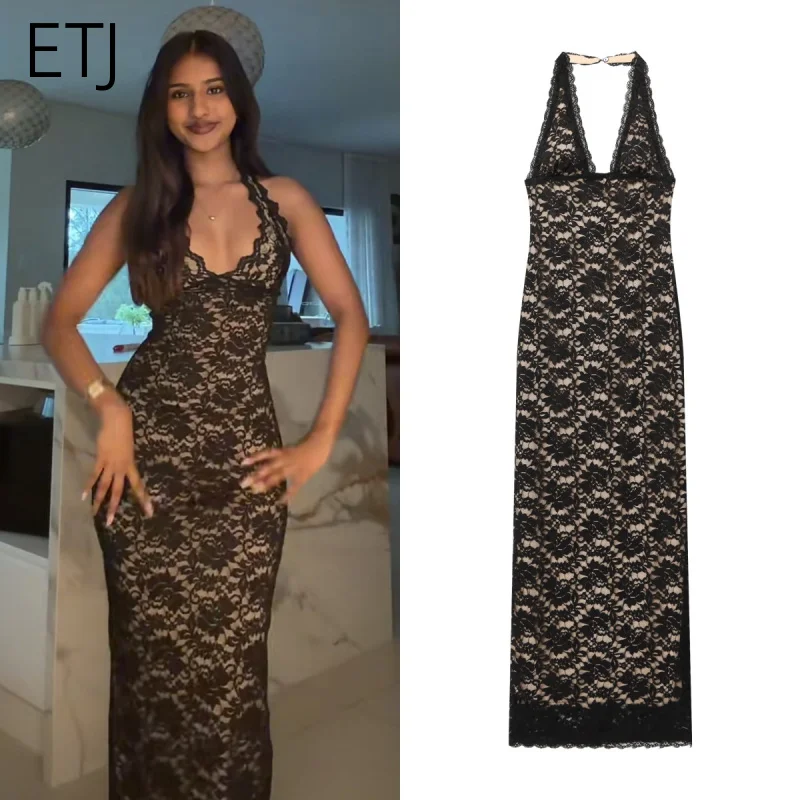 ETJ 2026 Frühjahrskollektion für Damen - Elegantes und Sexy Kleid mit Spitzenausschnitt, Schlitzen und Rückenfreiem Design als Langes Abendkleid