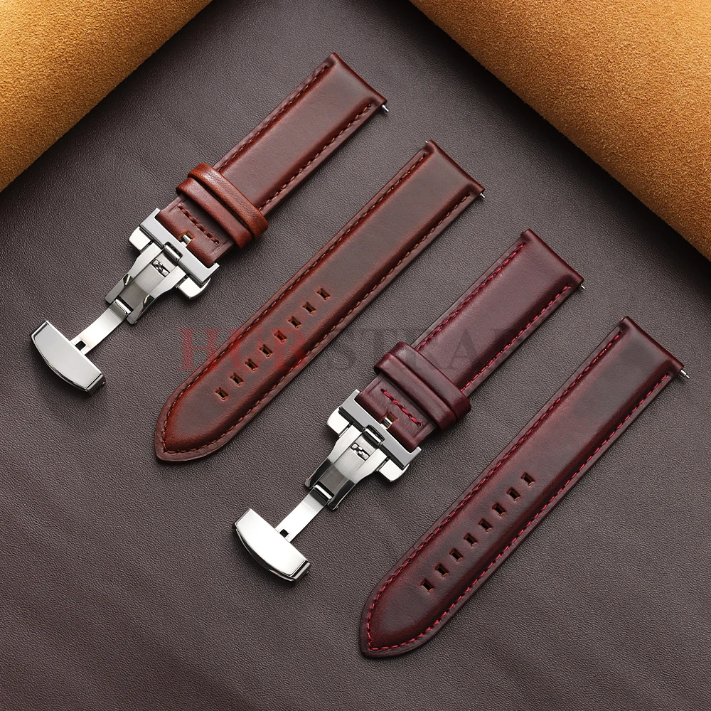 18mm 20mm 22mm Business Echtes Lederband Quick Release Band Schwarz Braun Kalb Rindsleder Männer Retro Armband schmetterling Schnalle – Detail 7