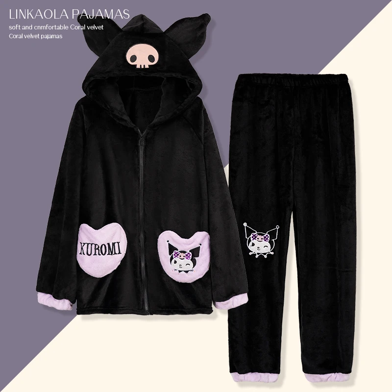 

Kawaii Sanrio пижамный комплект мультфильм Kuromi фланелевые пижамы для девочек зимние плюшевые Длинные рукава и длинные брюки Домашняя одежда комплект