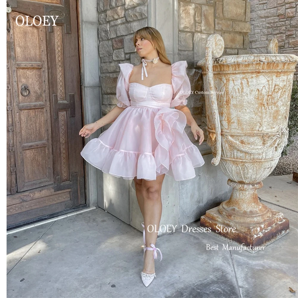 

OLOEY Sweet Pink Organza Short Prom Party Dresses Puff Sleeves Sweetheart Mini Princess Girls Formal Cocktail Dress Homecoming