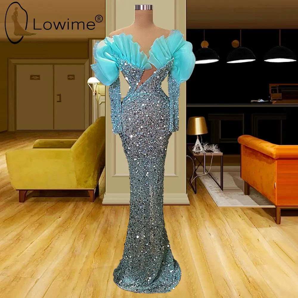 

Off Shoulder Sparkly Sequin Party Dresses for Weddings 2022 Light Blue Long Sleeves Mermaid Evening Gowns Robe De Soirée Femme