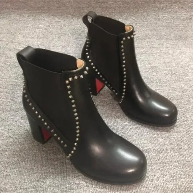 

TOP QUALITY Real Cow Leather Ankle Boots Woman Round Toe Rivet High Heels Shoes Woman Sexy Chelsea Boots Red Bottoms Shoes 8cm