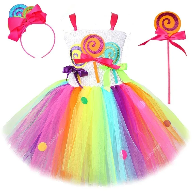 

Rainbow Candy Lollipop Costume for Girls Birthday Party Tutu Princess Dress Ball Gown Kids Carnival Christmas Halloween Clothes