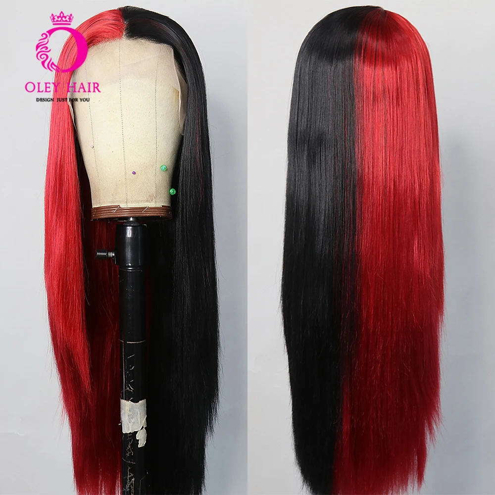

Black And Red Colored 13x4 Lace Front 30 Inch Straight Drag Queen Glueless Cosplay Wigs For Black Women Pre Plucked