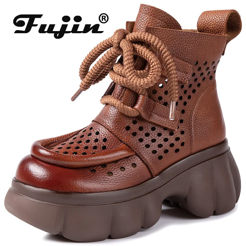 Koznoy 천연 가죽 샌들 발목 부티, 중공 굴뚝 모카신, 패션 여름 오토바이, 천연 부츠, 여성 신발, 7.5cm 