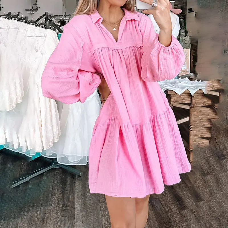 

Women's Dress Elegant Solid Color V-Neck Long Sleeve Crushed Short Dresses