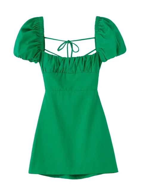 XNWMNZ women white fashion linen blend dress female square neck short puff sleeves backless crossover straps dress for women's Green