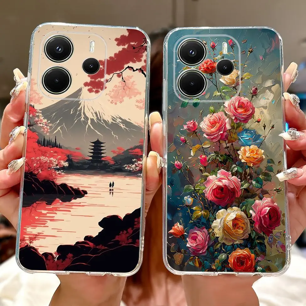 Clear Aesthetic Luxury Cute Cat & Floral Painted Soft Phone Case Cover