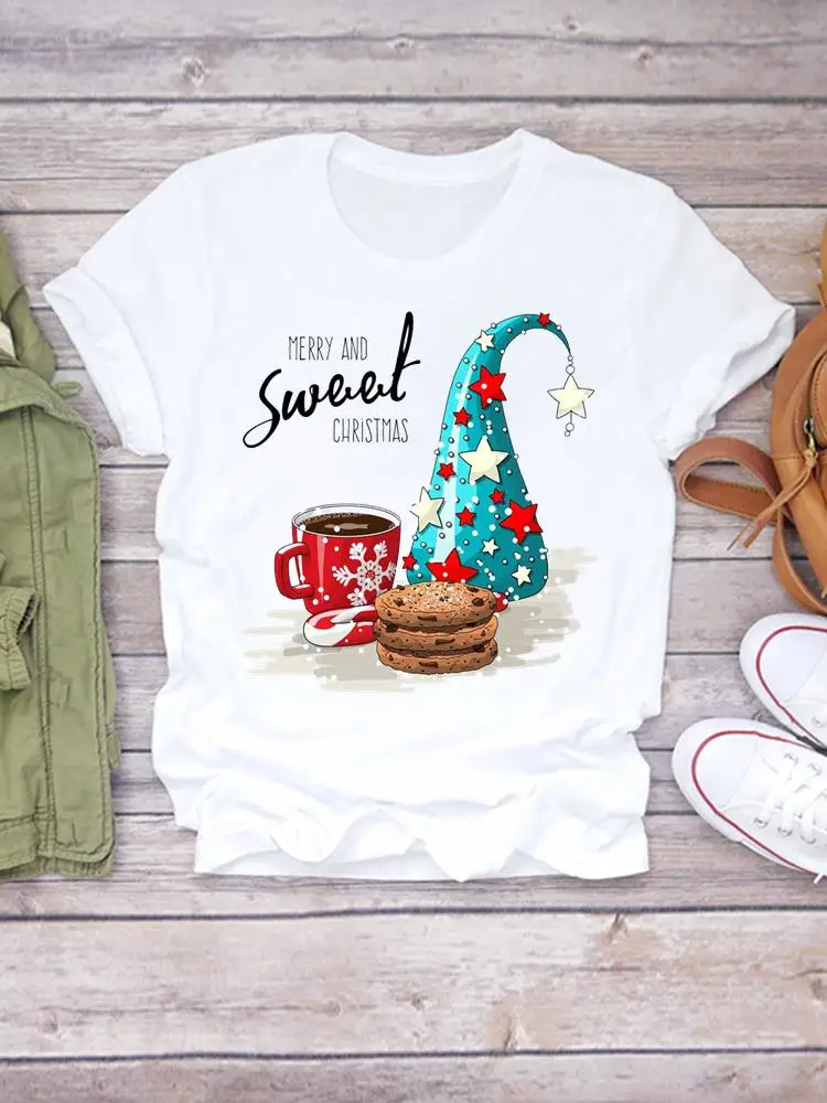 

Милый зимний сезон, женская одежда с милым принтом, модные рождественские женские футболки с коротким рукавом, новогодняя футболка с графическим рисунком