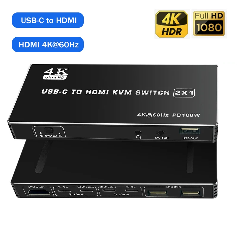 Commutatore KVM USB-C A HDMI 2 Porte - Condivisione Tastiera, Mouse, Monitor 4K@60Hz, Ricarica PD 100W