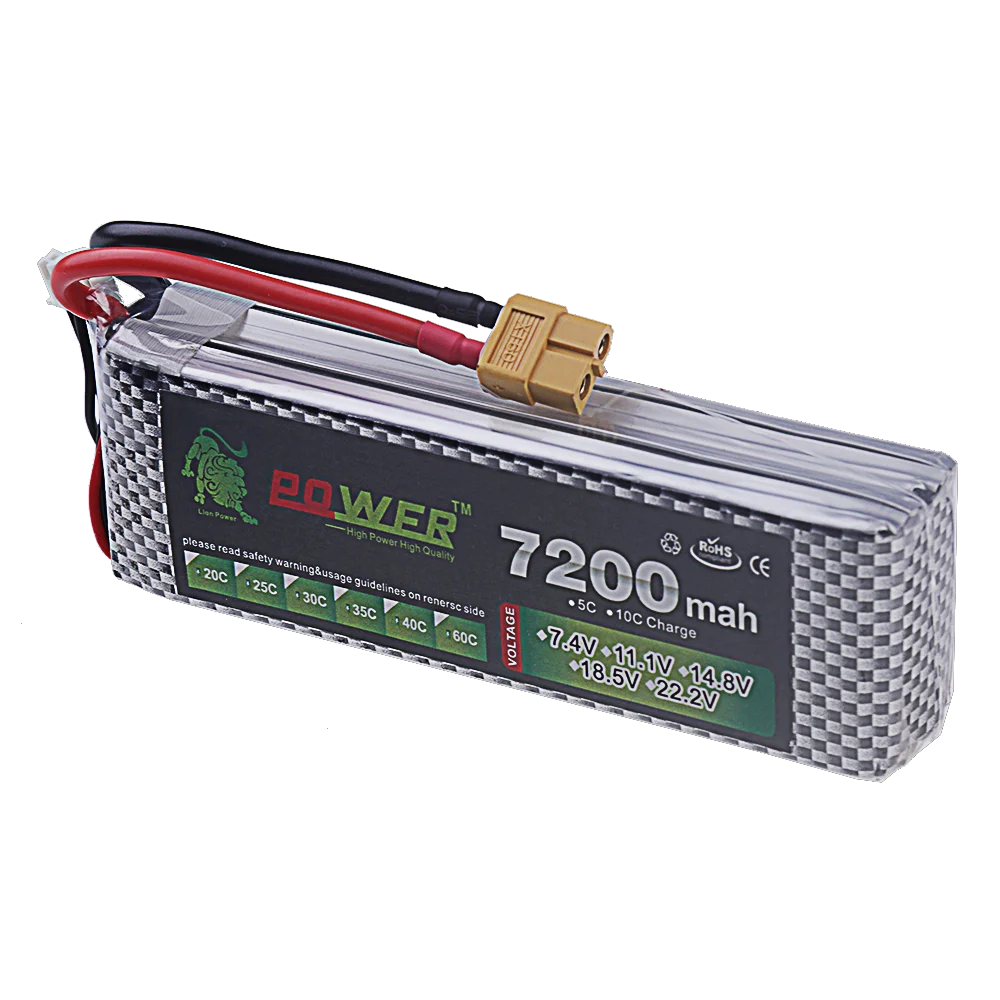 Batterie Lipo 4S pour drone, vue de côté avec indication des spécifications techniques sur l'étiquette.