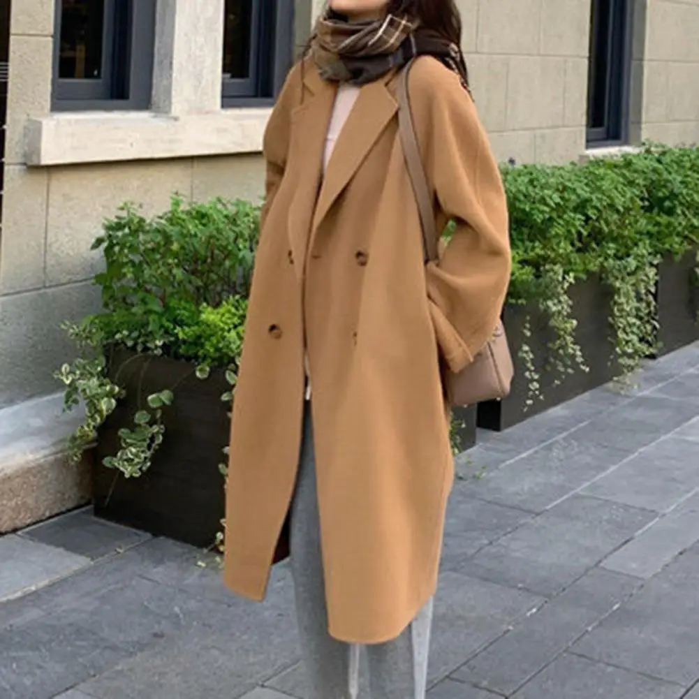 

Women Woolen Coat Stylish Women's Double-breasted Woolen Trench Coat with Notch Collar Pockets Long Sleeve Winter for A