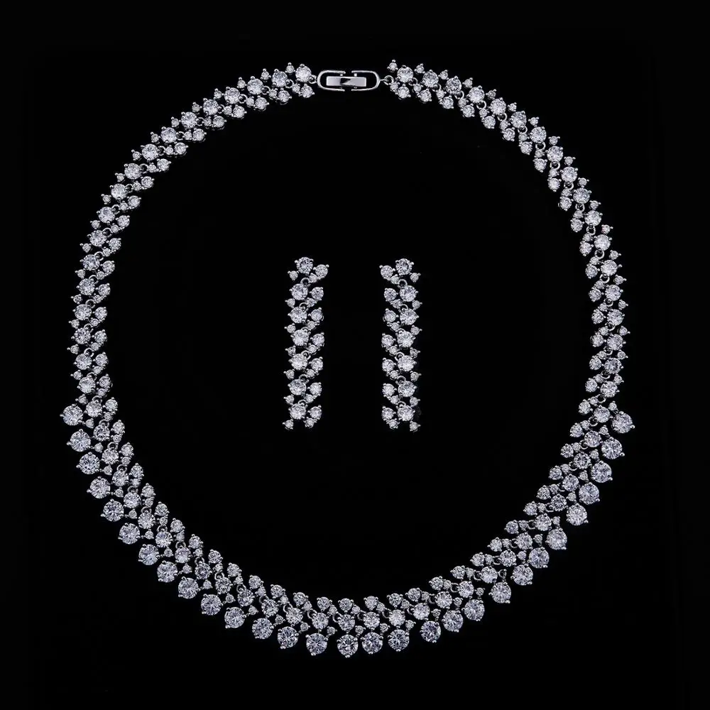 Brilliant 5A Cubic Zirconia Bridal Wedding Necklace Earring Set Women Prom Party Jewelry Sets