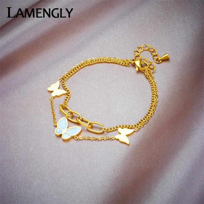 

LAMENGLY 316L Stainless Steel Double Layer Butterfly Charm Bracelet For Women New Trend Lady Bangles Wrist Jewelry Gift Party