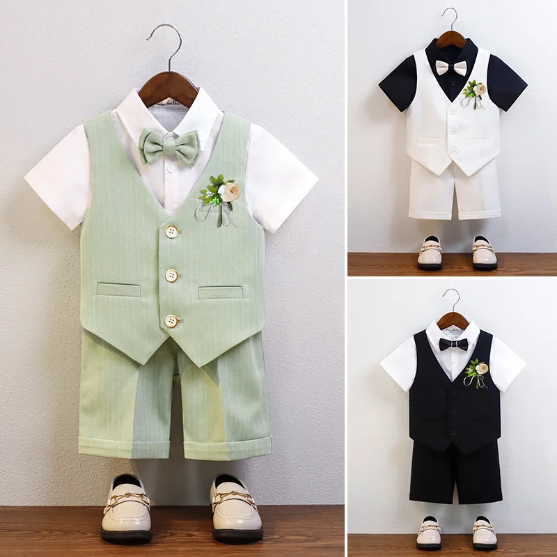 

Formal Boy Suit Summer British Short-sleeved Vest Blazers Set Child Wedding Costumes School Kids Host Piano Performance Outfits