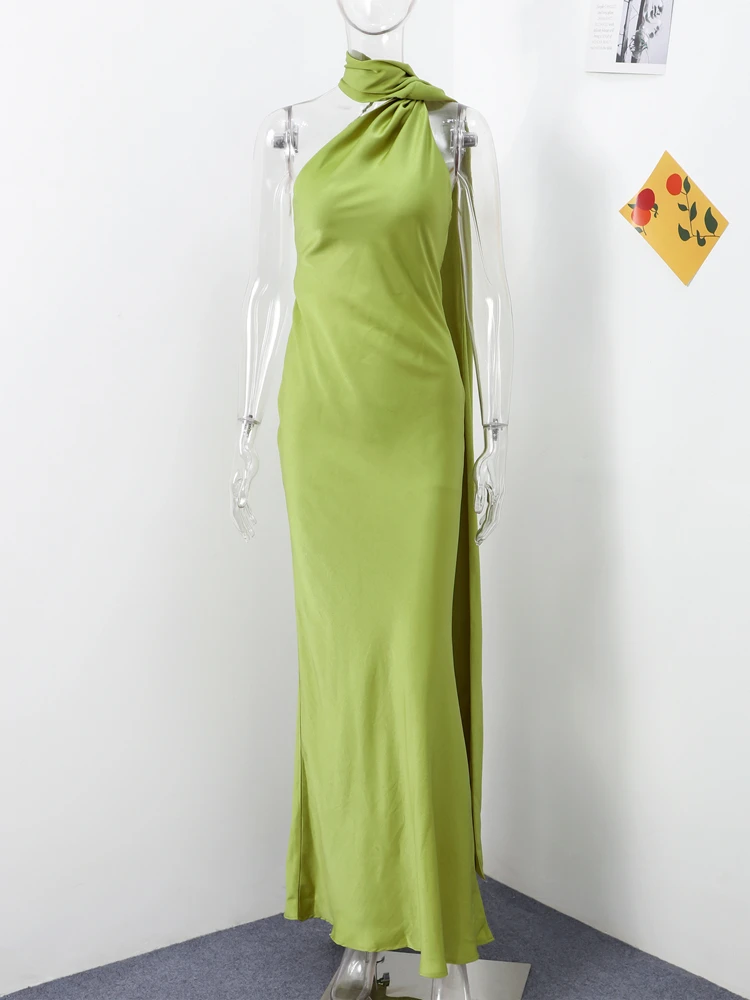 Elegant Satin Halter Party Dress Women Casual Slim Backless Sleeveless High Waist Female Robes 2024 Autumn Lady Evening Dresses 5