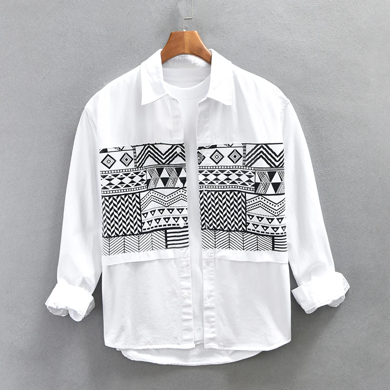 

Casual Patchwork Shirts for Men Cotton Turn-down Collar Vintage Long Sleeve Shirt 2023 New Men's Clothing