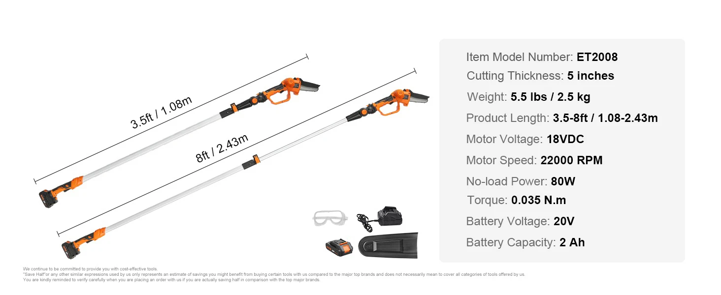 SucceBuy 2-in-1 Cordless Pole Saw & Mini Chainsaw 2/4Ah Battery Pole Chainsaw 5" Cutting Capacity 8ft Reach Pole Saw for Branch
