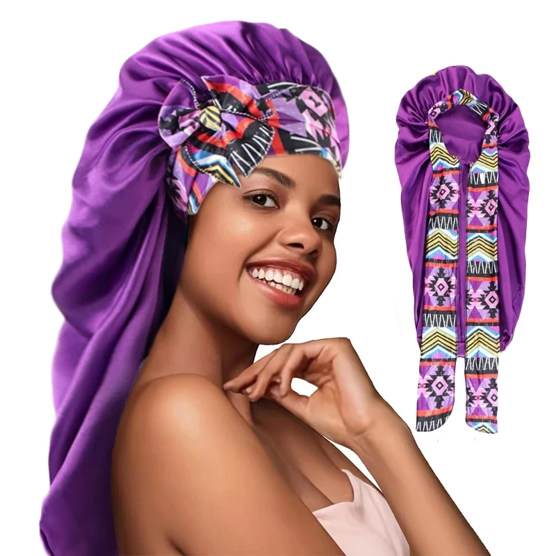 Satin Long Sleep Night Cap African Pattern Print Ribbon Hair Care Turbante Chemio Cancro Caps Sleeping Hat Foulard Turbante Mujer