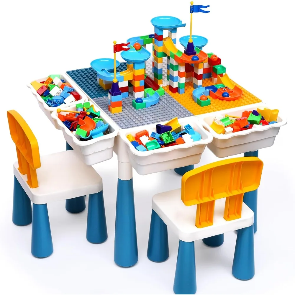 

7 in 1 Kids Activity Table and Chair Set with 152Pcs Large Marble Run Building Blocks, Sand/Water Table, Toddler Learni