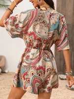 Women's Bohemian holiday style geometric print V-neck wide-leg trousers hidden meat non-bloated jumpsuit - Image 2