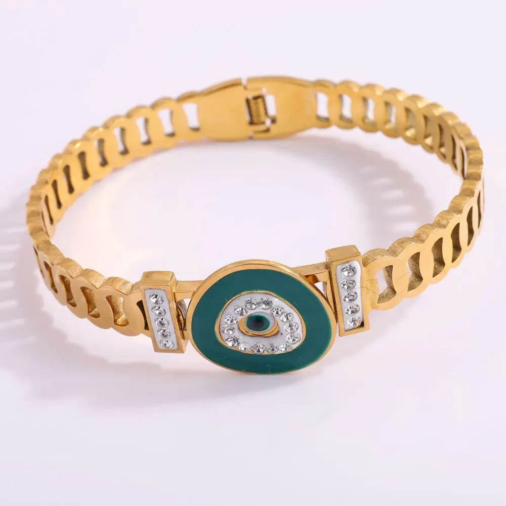 304 Stainless Steel Turkish Devil's Eye Blue Crystal Bracelet Ladies Jewelry Retro Drip Elegant Buckle Woman Bangle 5