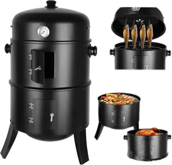 Griglia per barbecue a carbone 3in1 Barile per affumicatore per barbecue Griglia per affumicatore con termometro - Barile per affumicatore 3 in 1 per feste di cucina all'aperto 1