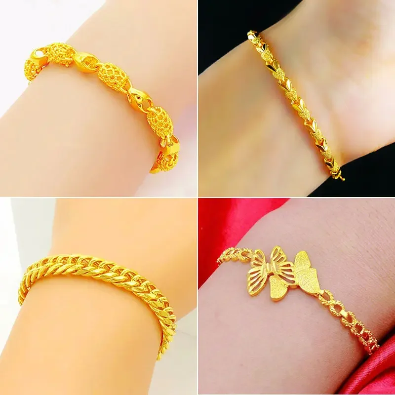 

Plated 100% 24K Real Gold 18K Lucky Beads Bracelet Female Ins Starry Bangle Pure Gold 18K All-Match Butterfly Four-Leaf Clover