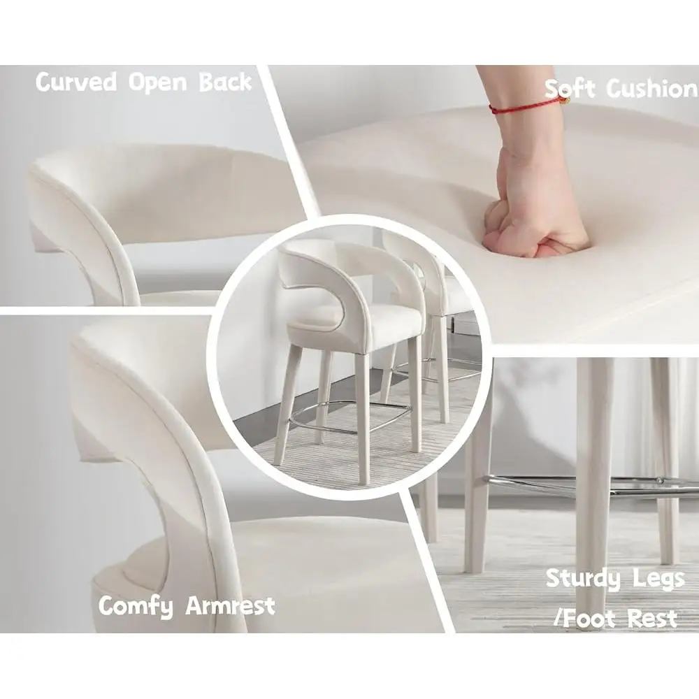 Modern Velvet Counter Height Bar Stools Set of 2 Comfortable Upholstered Stools with Back Armrest Metal Footrest Kitchen Cafe 6