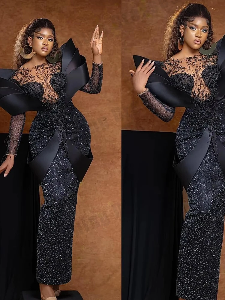 Black Lace Women's Evening Dresses Mermaid Elegant Round Neck Long Sleeve Princess Ball Gowns Formal Prom Party Customized Robe 3