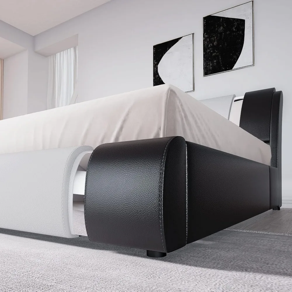 King Size Bed Frame with Iron Piece Decor, Leather Upholstered Platform Beds with Curved Adjustable Headboard, King Bed Frame 5