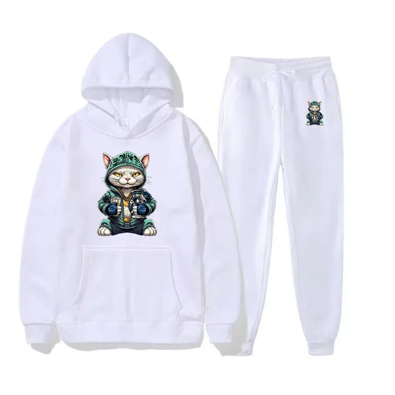 

Cat print hoody sweatpants two piece set mens outfits warm hoodie winter tracksuit men fleece sweatshirt trackpants jogging set