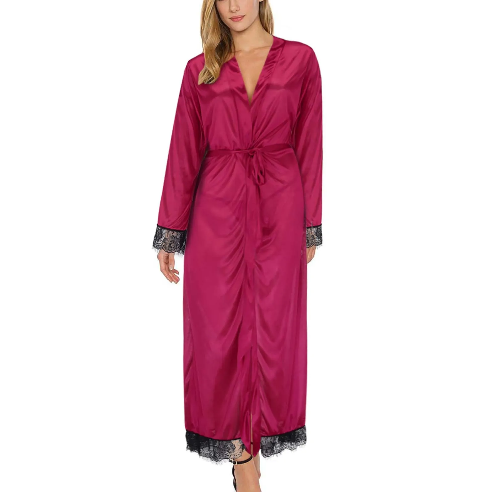 Women Ice Silk Pajamas Robes Sleepwear Nightgowns Nightdress Red Black Lace Smooth Soft Comfortable Casual Pure Color