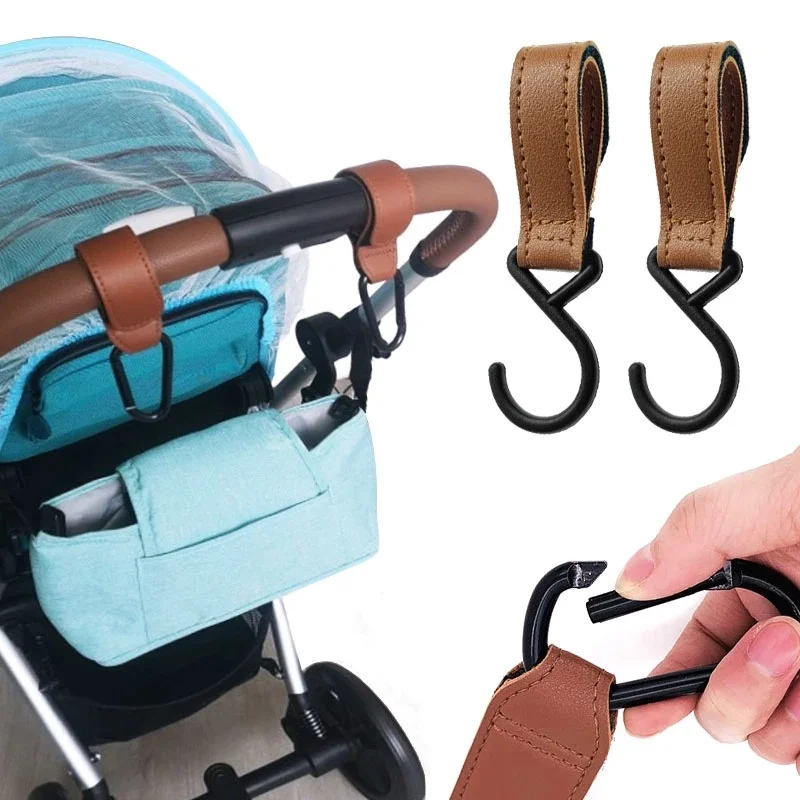2Pcs PU Leather Baby Bag Stroller Hook Pram Rotate 360 Degree Rotatable Magic Sticker Cart Organizer Hook Stroller Accessories