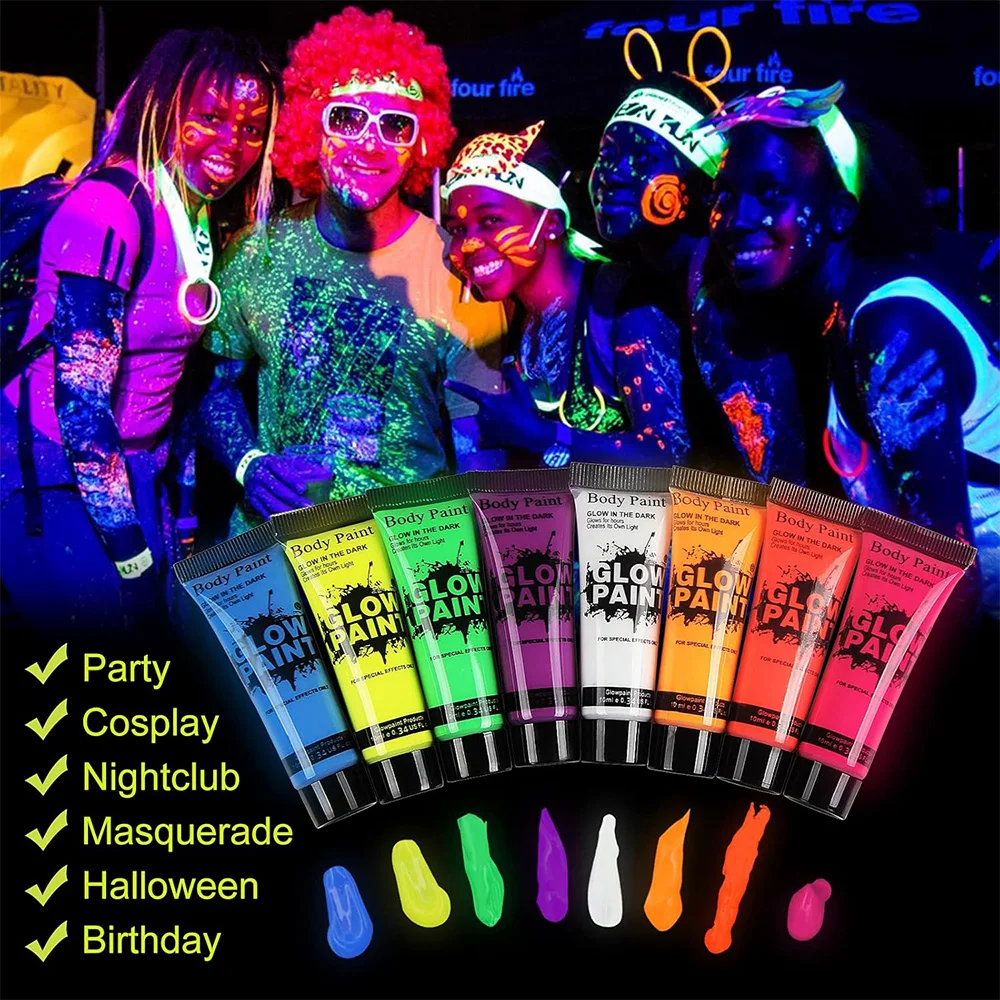 UV Neon Face Body Paint Glow in the Dark Makeup Set Fluorescent Painting for Adults Kids Festivals Party Halloween Christmas 2
