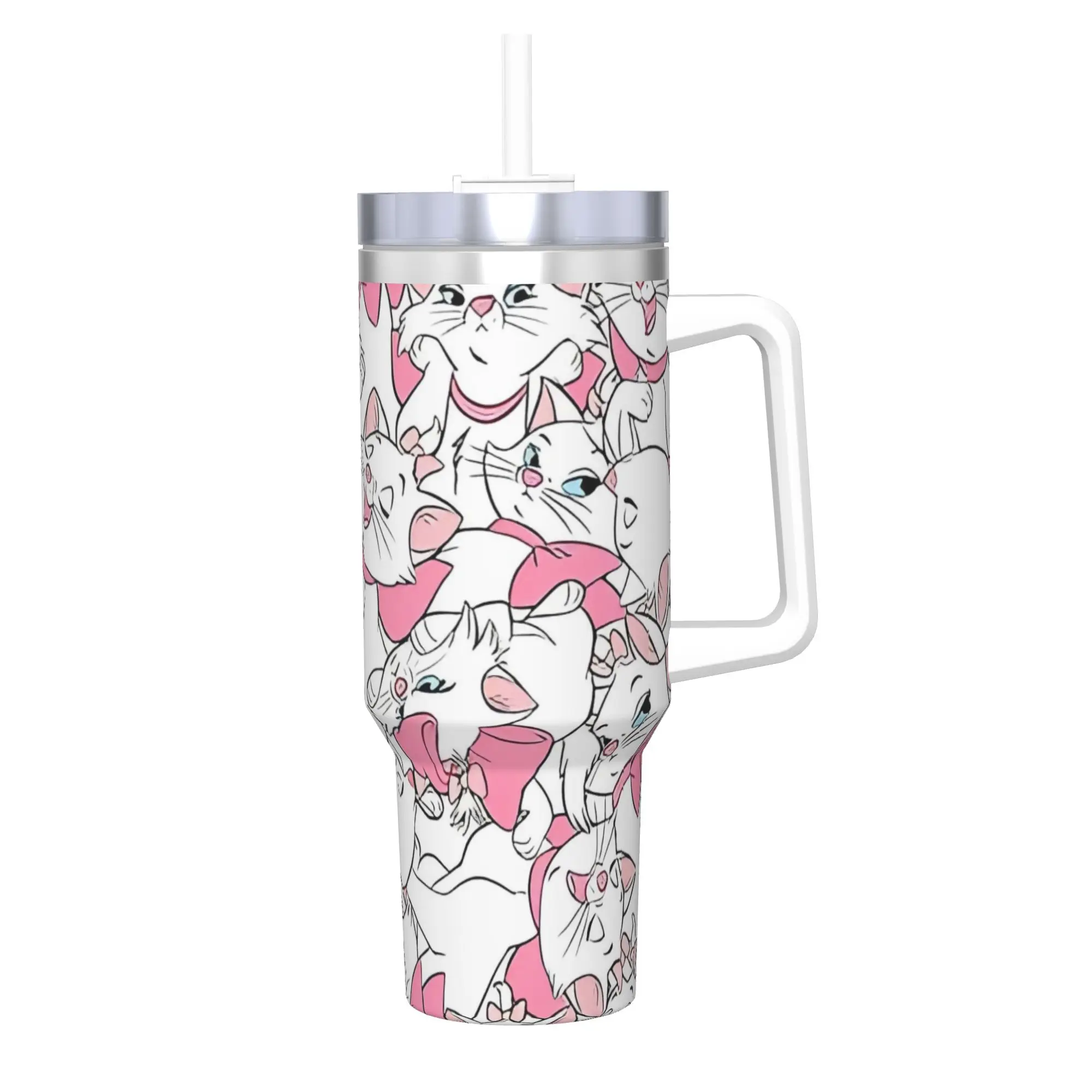 Stainless Steel Aristocats Marie Cat Tumbler with Straw - Large Capacity Thermal Mug