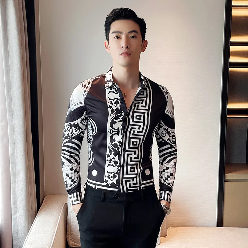 6XL Plus Size Luxurious Man Vintage Printed Social Shirts Mens black Slim Fit Long Sleeve Dress Shirt Fashion Chemise Homme New