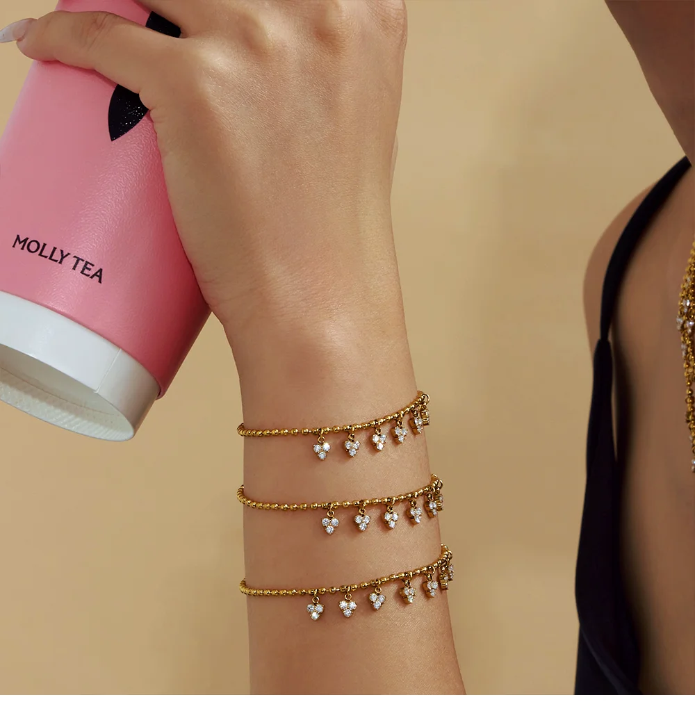 Dreieck glänzendes Zirkon-Anhänger-Halsketten-Armband-Set für Damen, Edelstahl, vergoldete Perlenkette, wasserdichter Knöchelschmuck – Detail 13