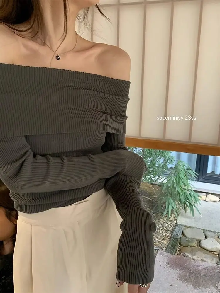 

Autumn and Winter Wear New Lazy Style Retro One-shoulder Sweater Long-sleeved Knitted Base Shirt with A Top Woman pull