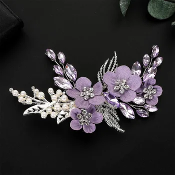 Fermaglio per Capelli da Sposa con Fiore Viola, Cristalli e Strass, Perle, Gioiello per Acconciature da Sposa e Feste