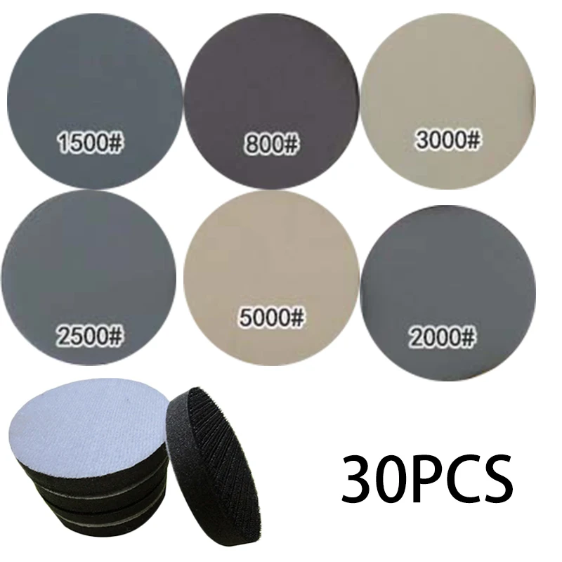 

30pcs Waterproof Sandpapers Hook And Loop+Sanding Backup Pad+Soft Interface Pad 800 / 1500 / 2000 / 2500 / 3000 / 5000 Grit