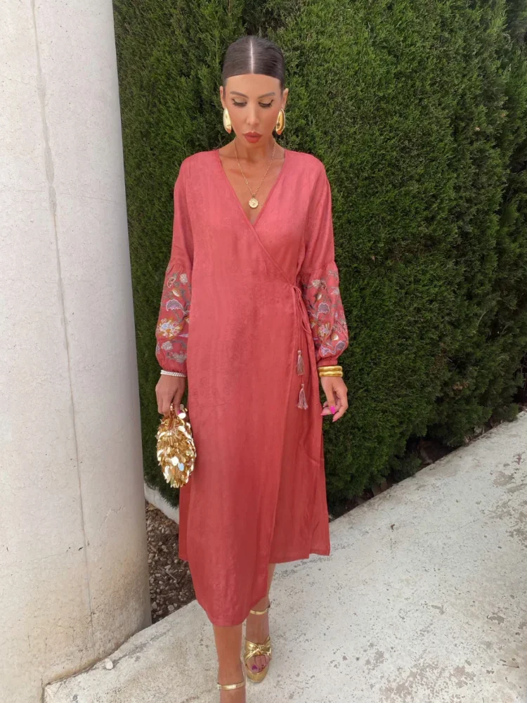 

2024 Women Plus Size Holiday Long Dress Elegant V Neck Lantern Embroidery Sleeves Lace Up Vestidos Summer Lady Beach party Robe