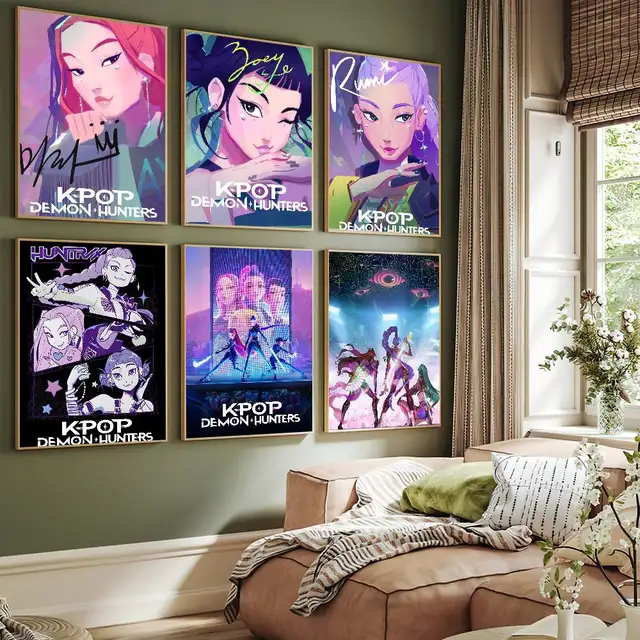 Affiche de film KPop Demon Hunters, peinture auto-adhésive, décoration de salon, de bureau, chambre à coucher, imprimés d'autocollants muraux pour la maison 3