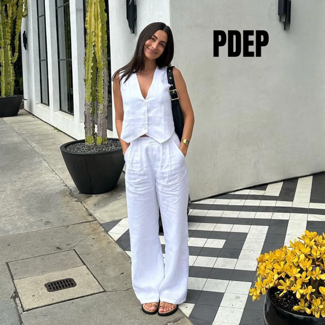 

PDEP 2023 White Summer Outfits for Women New Cotton and Linen Sleeveless Vest Two Piece Pant Matching Sets Casual Clothing